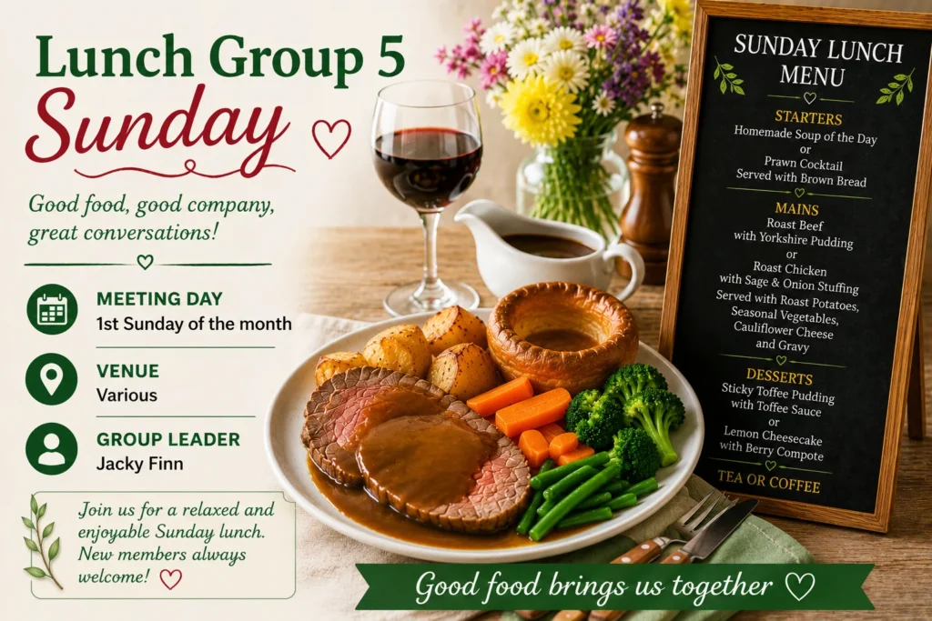 Members of the Epsom & Ewell u3a Sunday Lunch Group 5 enjoying a sociable meal and conversation together.

