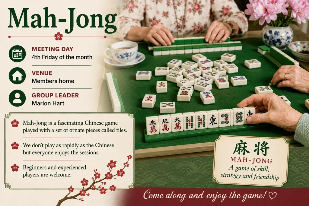 Promotional poster for the Epsom & Ewell u3a Mah Jong group showing Mah Jong tiles arranged for play.