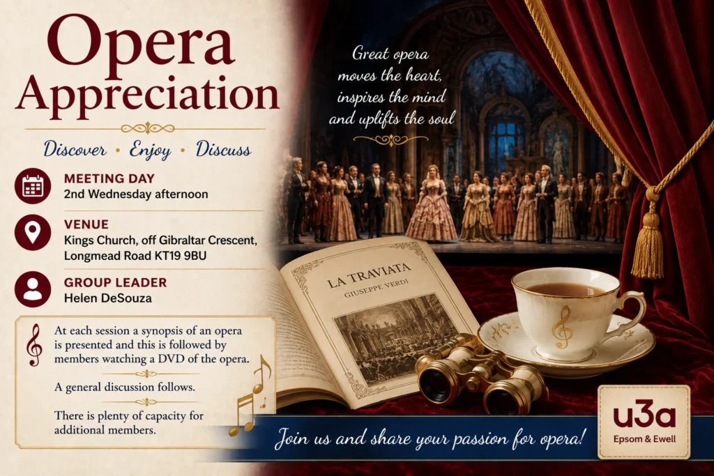 Epsom & Ewell u3a Opera Appreciation group poster featuring opera performance imagery, meeting details and an invitation to discover, enjoy and discuss opera in a friendly group.