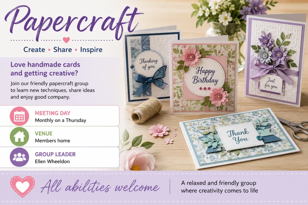 Epsom & Ewell u3a Papercraft group promoting handmade greetings cards and creative paper crafting, with meeting details and a friendly welcome for all abilities.