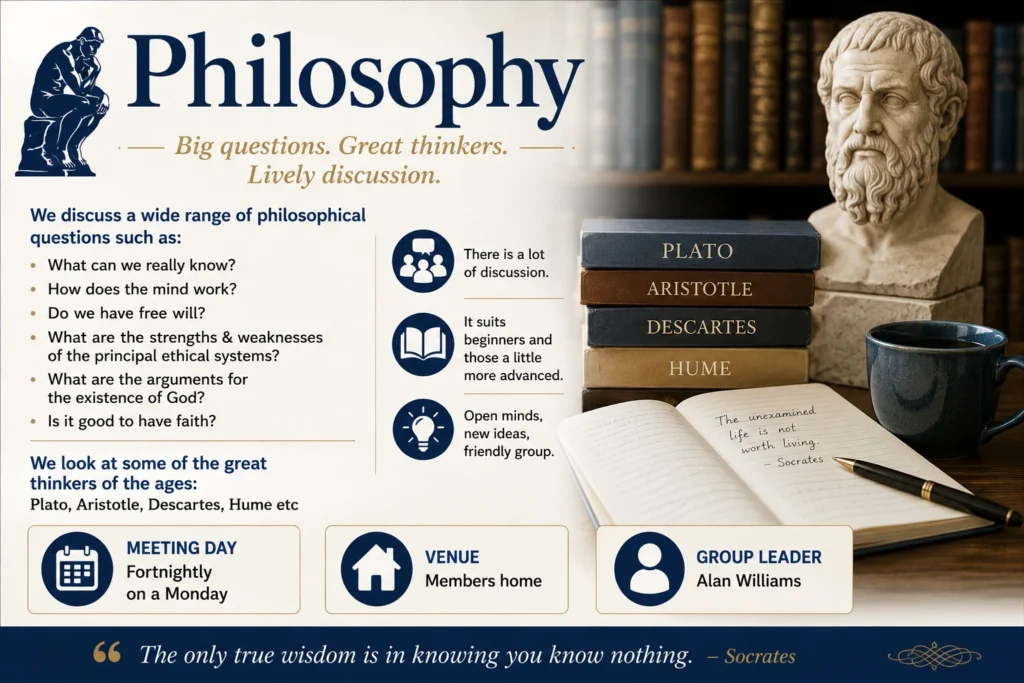 Epsom & Ewell u3a Philosophy group poster exploring philosophical questions, great thinkers including Plato and Aristotle, discussion topics and meeting information.