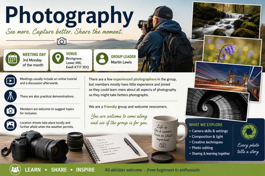 Epsom & Ewell u3a Photography group poster showing members learning photography through tutorials, practical demonstrations and location shoots, with meeting details and examples of landscape, wildlife and architectural photography
