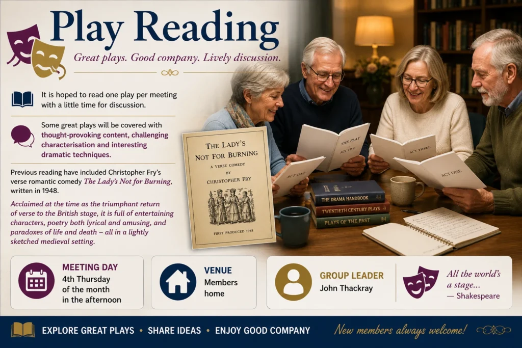 Epsom & Ewell u3a Play Reading group poster featuring members reading and discussing classic plays in a friendly setting, with meeting information and an invitation for new members to join.