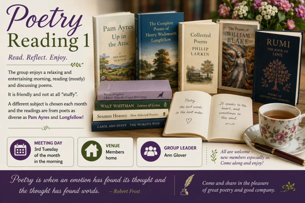 Epsom & Ewell u3a Poetry Reading 1 group poster featuring poetry books, discussion and refreshments, encouraging members to read, reflect and enjoy poetry together in a relaxed and friendly group.