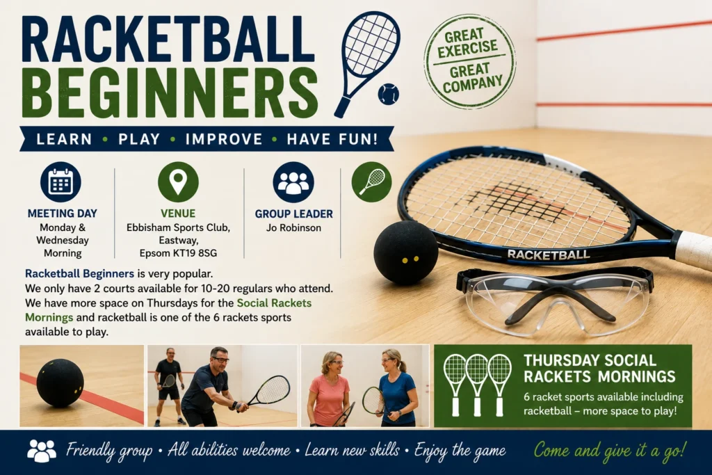 Epsom & Ewell u3a Racketball Beginners group poster introducing new players to racketball, with meeting details, venue information and a friendly, supportive environment for learning the game.
