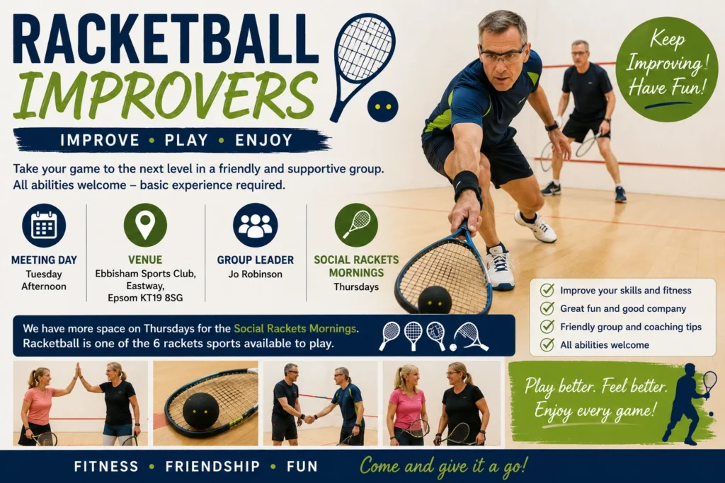 Epsom & Ewell u3a Racketball Improvers group poster promoting intermediate racketball sessions with coaching, fitness, friendly competition and opportunities to improve skills.
