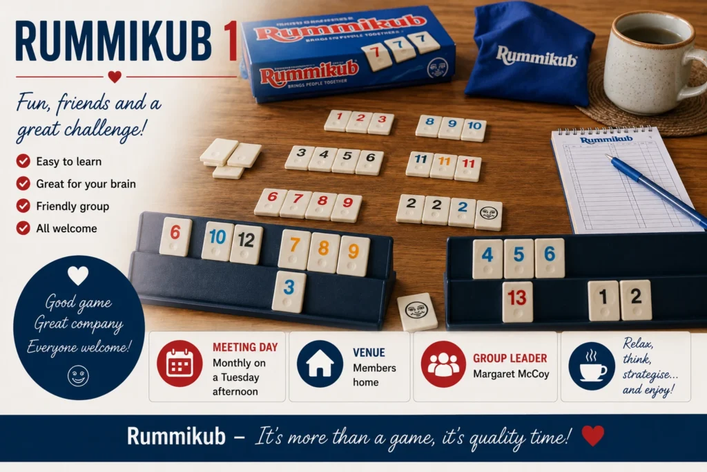 Epsom & Ewell u3a Rummikub 1 group poster featuring the popular tile game, meeting details and a friendly group where members enjoy strategy, conversation and social afternoons
