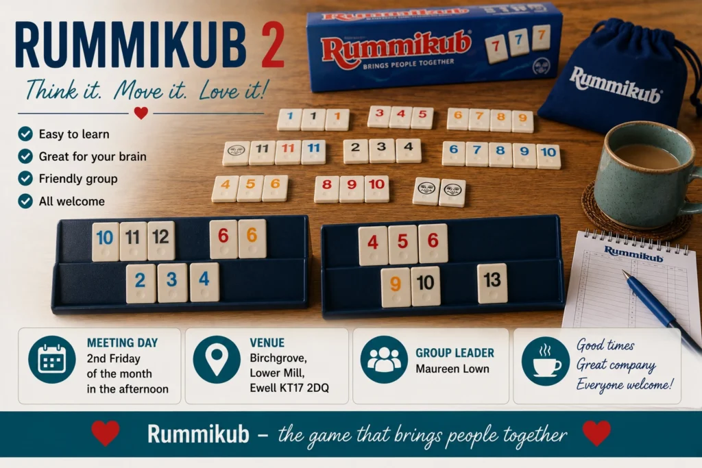 Epsom & Ewell u3a Rummikub 2 group poster promoting a welcoming Rummikub group for players of all abilities, with meeting information and an emphasis on fun, friendship and mental stimulation.