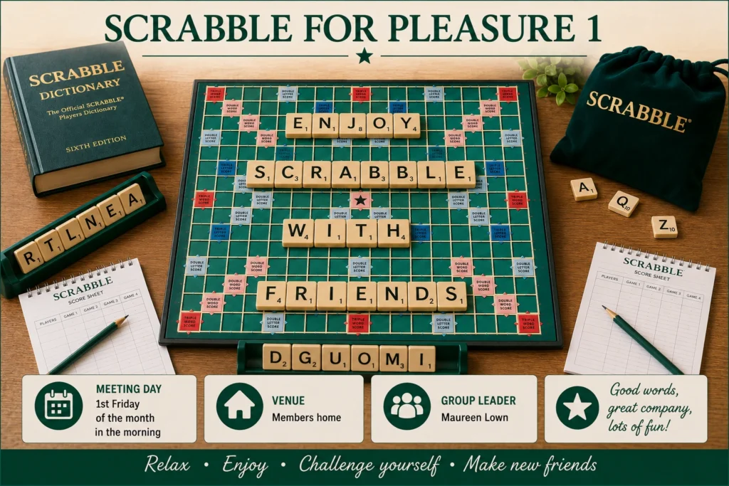 Epsom & Ewell u3a Scrabble for Pleasure 1 group poster featuring a Scrabble board, dictionary and score sheets, promoting enjoyable games, friendship and monthly meetings