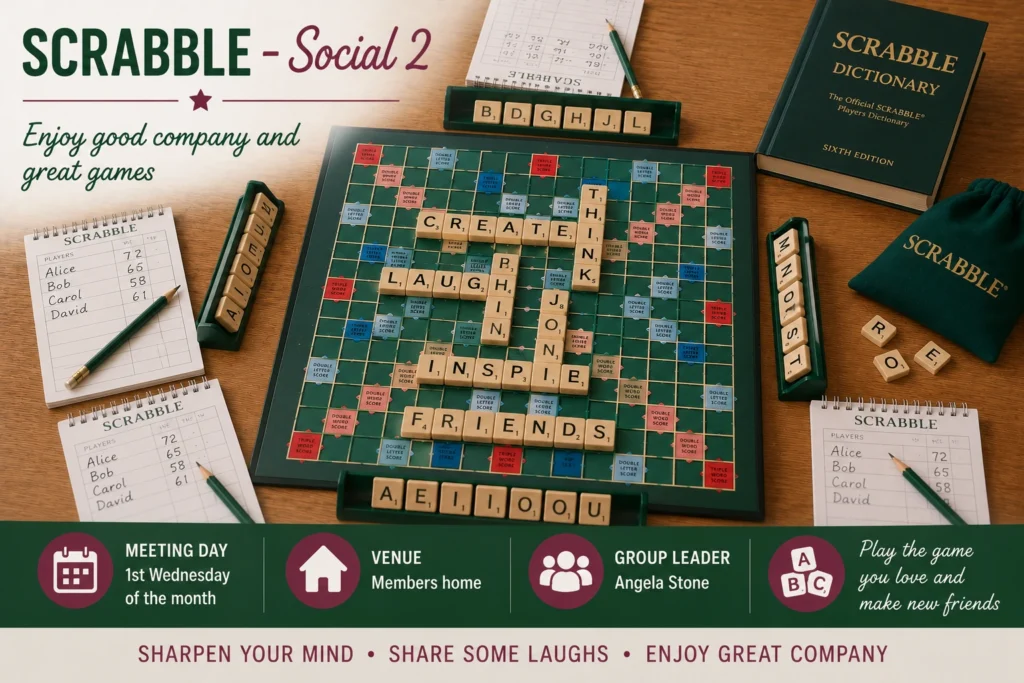 Epsom & Ewell u3a Scrabble Social 2 group poster promoting relaxed social Scrabble sessions, friendly competition, conversation and monthly meetings for members.