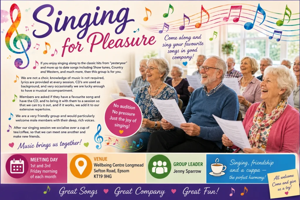 Epsom & Ewell u3a Singing for Pleasure group poster featuring members singing together in a friendly atmosphere, promoting enjoyable music sessions, friendship and regular meetings