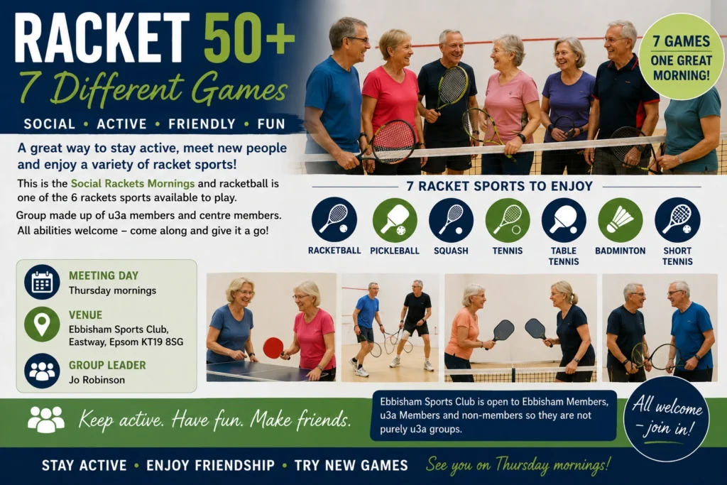 Epsom & Ewell u3a Social Rackets 50 Plus group poster featuring seven different racket sports including racketball, pickleball, squash, tennis, table tennis, badminton and short tennis, encouraging members to stay active and make friends.