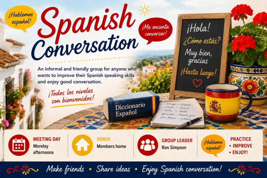 Epsom & Ewell u3a Spanish Conversation group poster promoting friendly Spanish language practice with conversation, vocabulary building and cultural themes in an informal setting.