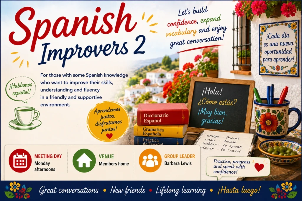 Epsom & Ewell u3a Spanish Improvers 2 group poster for learners with some Spanish knowledge wishing to improve confidence, vocabulary and conversational fluency.