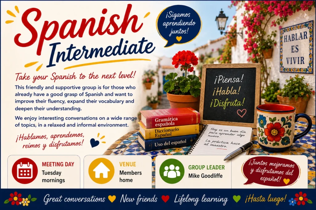 Epsom & Ewell u3a Spanish Intermediate group poster encouraging confident Spanish speakers to develop fluency, expand vocabulary and enjoy friendly conversation in a relaxed environment.