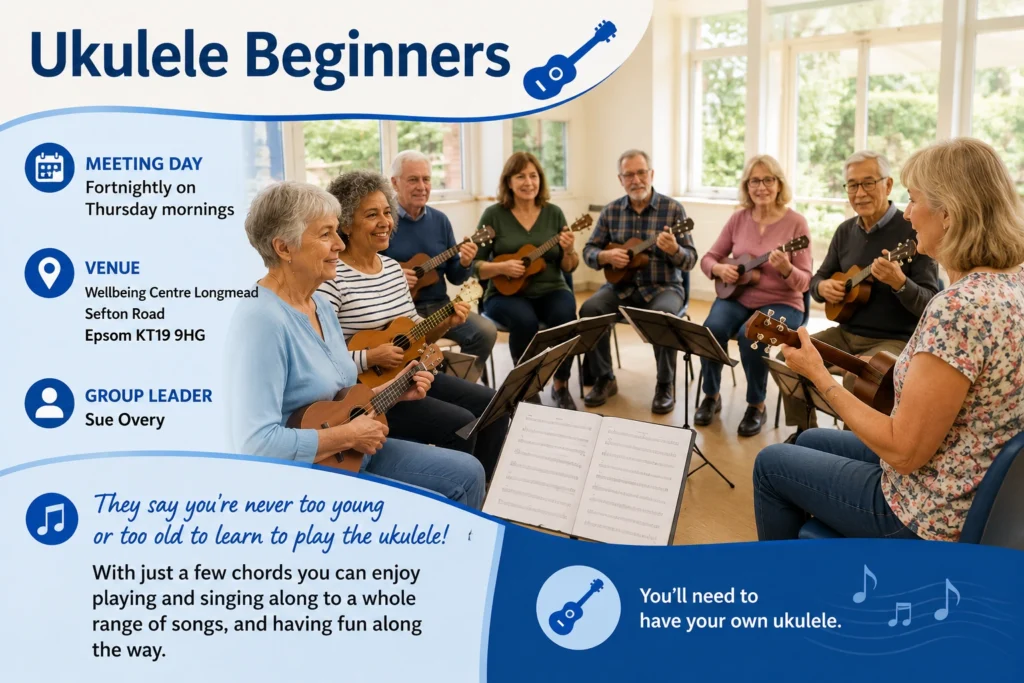 Epsom & Ewell u3a Ukulele Beginners group poster showing older adults learning to play the ukulele together in a friendly beginners' class at the Wellbeing Centre in Epsom.