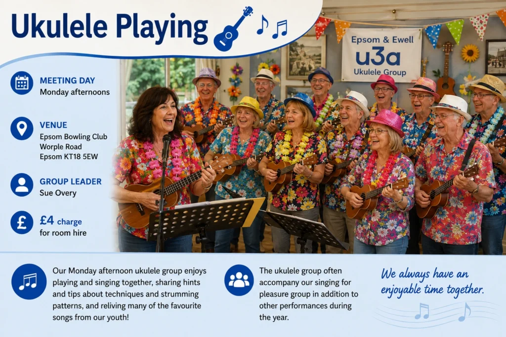 Epsom & Ewell u3a Ukulele Playing group poster featuring members performing together in colourful Hawaiian-style shirts while singing and playing ukuleles in a lively social atmosphere.