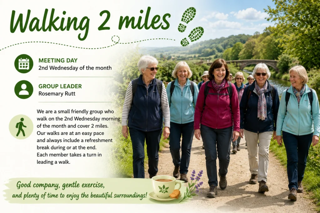 Epsom & Ewell u3a Walking 2 Miles group poster showing members enjoying an easy countryside walk with refreshments, gentle exercise and friendly conversation in scenic Surrey.
