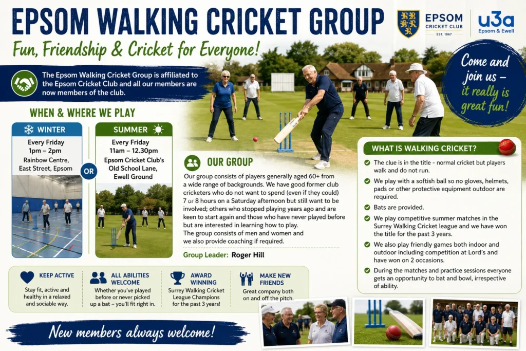 Epsom & Ewell u3a Walking Cricket Group poster showing older adults enjoying friendly walking cricket at Epsom Cricket Club, welcoming players of all abilities for fun, fitness and social cricket.