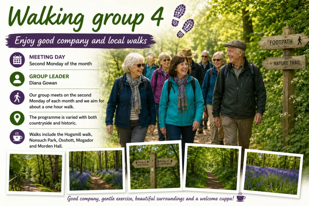Epsom & Ewell u3a Walking Group 4 poster featuring members enjoying local countryside walks, woodland trails, historic routes and friendly social outings with coffee stops.