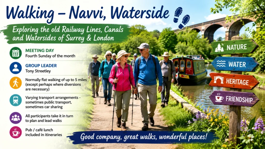 Epsom & Ewell u3a Walking – Navvi, Waterside group poster featuring members exploring Surrey and London canals, rivers and historic waterside paths on friendly social walks.