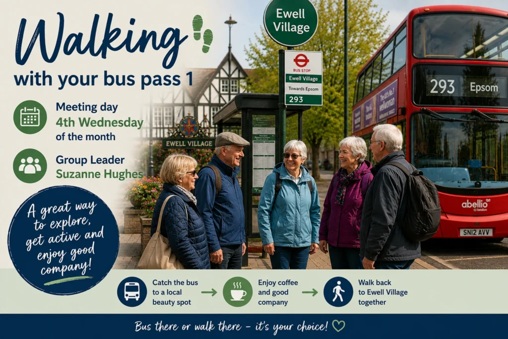 Epsom & Ewell u3a Walking with Your Bus Pass 1 group poster showing members travelling by local bus before enjoying scenic walks, coffee stops and friendly conversation around Surrey.