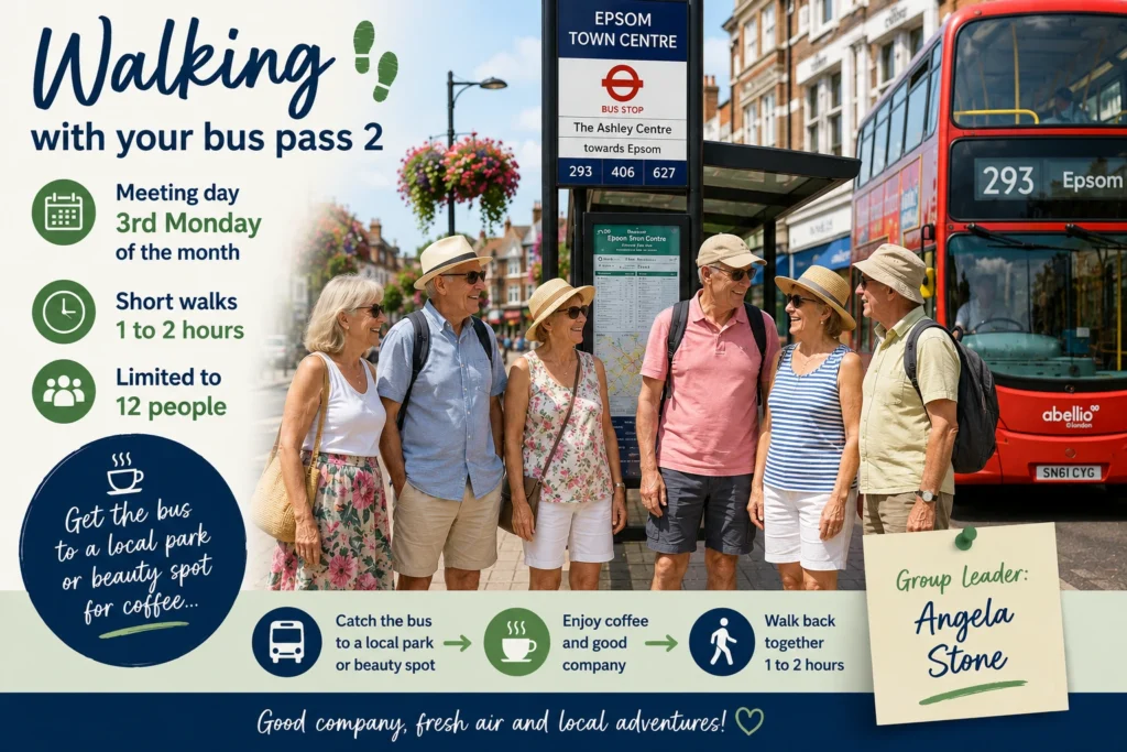 Epsom & Ewell u3a Walking with Your Bus Pass 2 group poster promoting short social walks reached by local bus, with coffee breaks and relaxed outings around Epsom and Surrey.