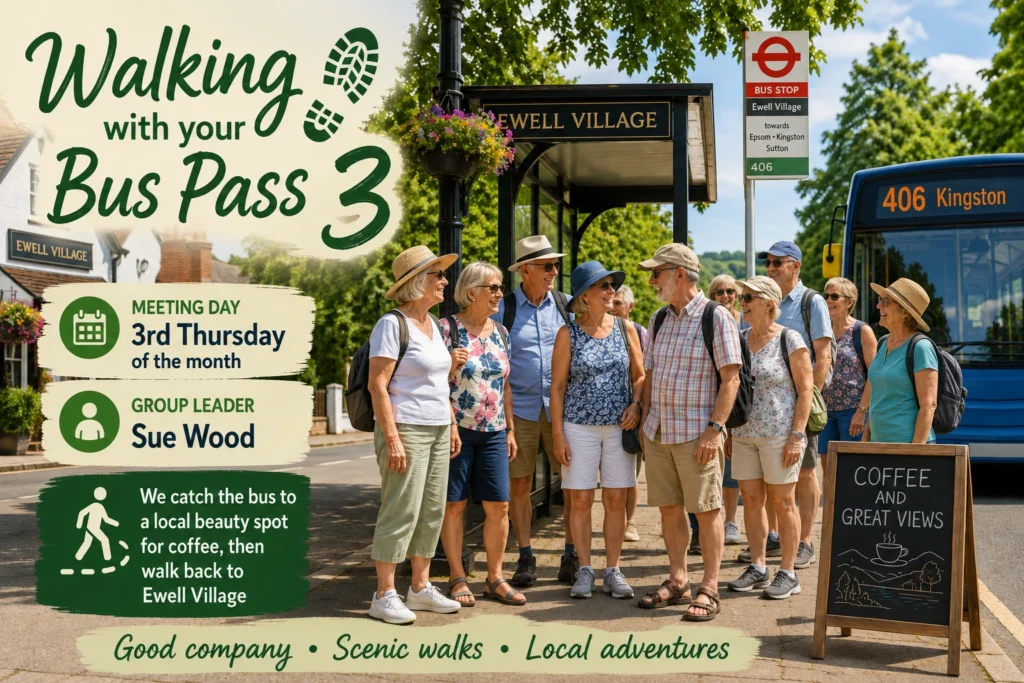 Epsom & Ewell u3a Walking with Your Bus Pass 3 group poster featuring members travelling by bus to local beauty spots before enjoying scenic walks, refreshments and good company.