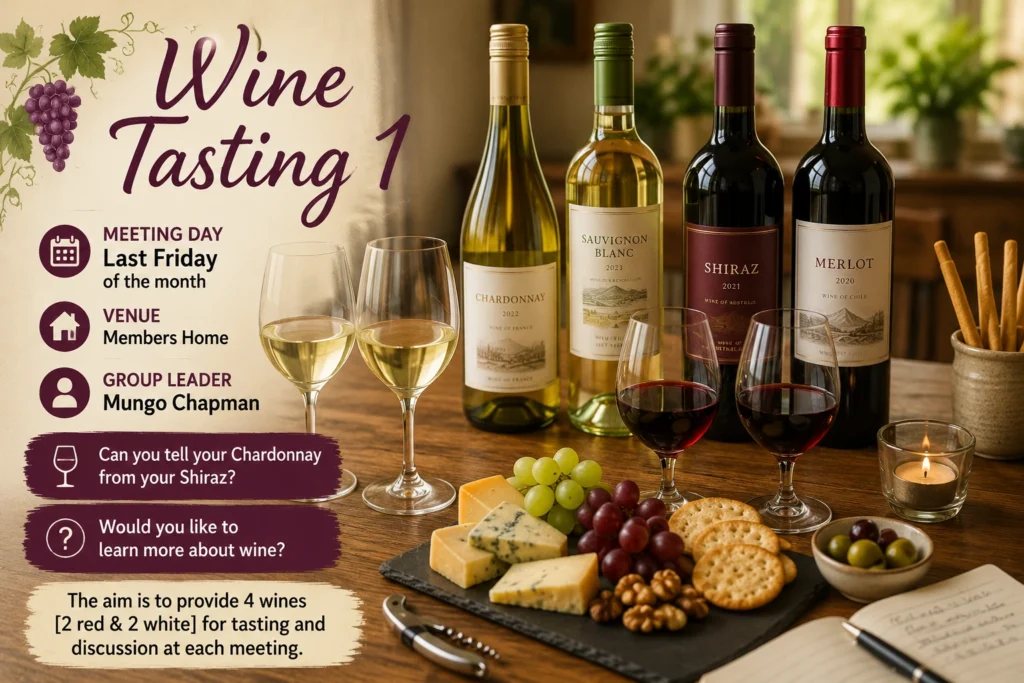 Epsom & Ewell u3a Wine Tasting 1 group poster featuring a selection of red and white wines with cheese, grapes and crackers, promoting friendly monthly wine tasting and discussion meetings.
