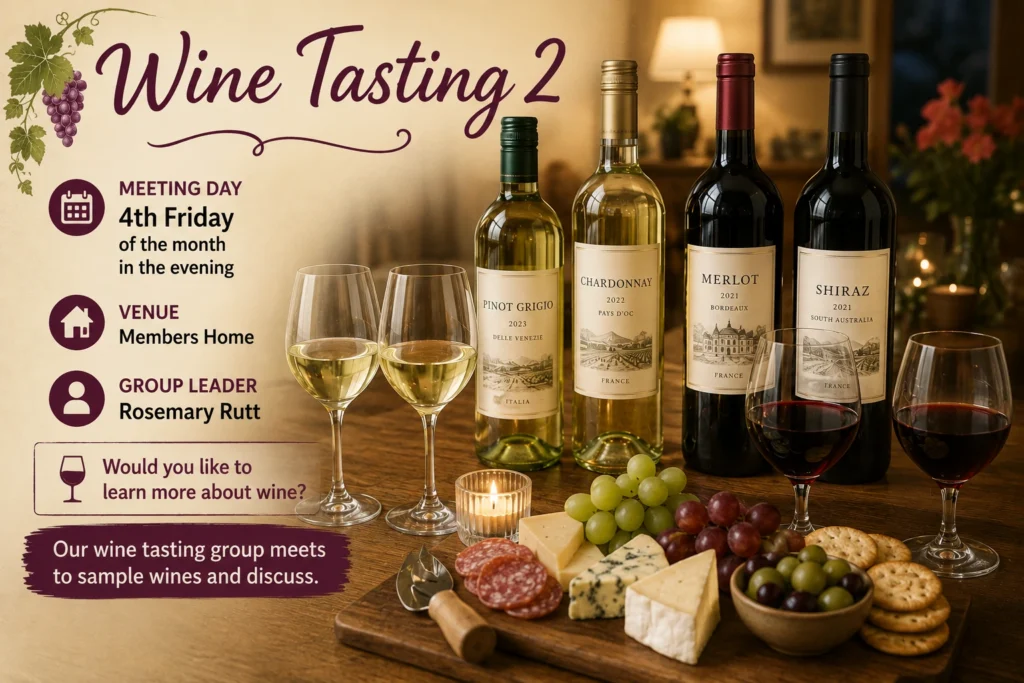 Epsom & Ewell u3a Wine Tasting 2 group poster showing a selection of wines and refreshments for members who enjoy learning about wine in a relaxed social setting.