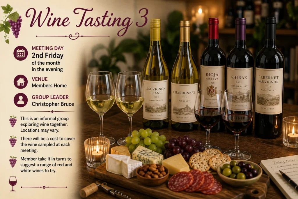 Epsom & Ewell u3a Wine Tasting 3 group poster displaying red and white wines with tasting accompaniments, promoting informal wine appreciation and monthly tasting evenings.