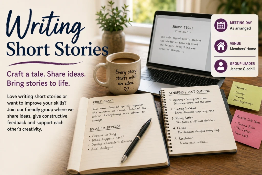 Epsom & Ewell u3a Writing Short Stories group poster featuring notebooks, a laptop and writing materials, encouraging members to develop creative writing skills and share ideas