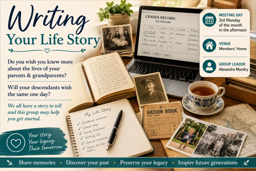 Epsom & Ewell u3a Writing Your Life Story group poster featuring family photographs, documents and notebooks, encouraging members to record personal memories and preserve their family history for future generations.