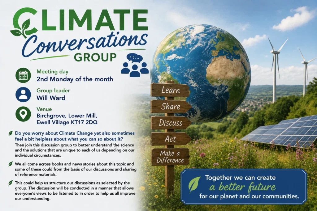 Poster for Climate Conversations Group 1, showing the Earth, wind turbines, solar panels and a signpost encouraging discussion and action.
