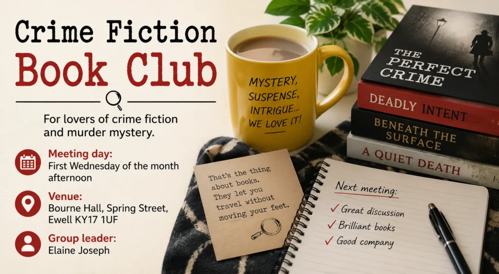 Poster for the Crime Fiction Book Club, featuring mystery novels, a notebook, pen and cup of tea.
