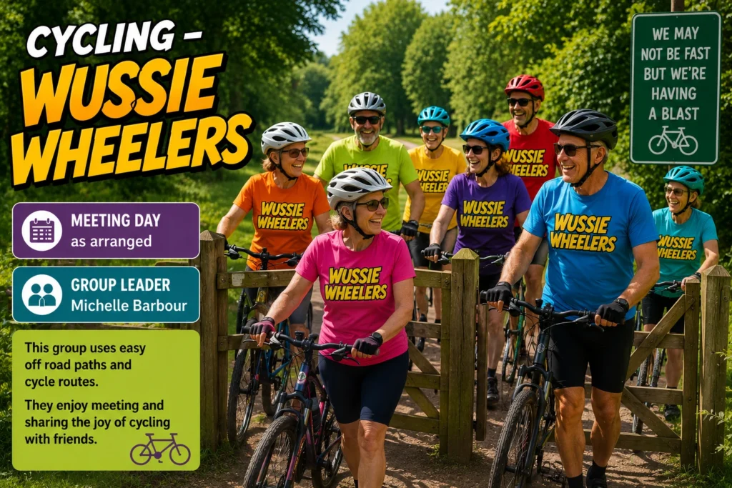 Poster for the Wussie Wheelers cycling group, showing members in bright cycling jerseys standing with their bicycles.
