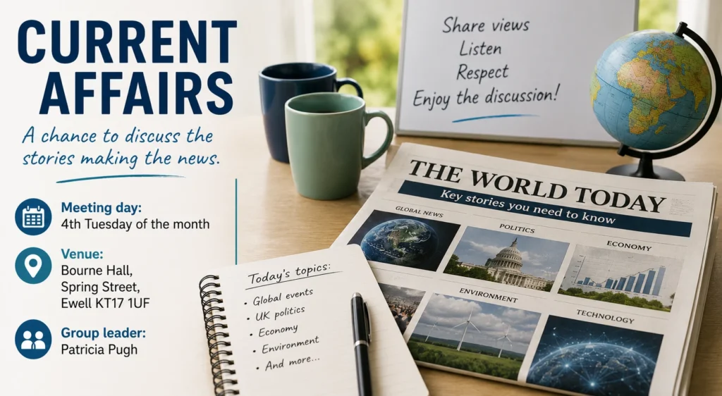 Poster for the Current Affairs group, featuring newspapers, a globe, discussion notes and coffee mugs.
