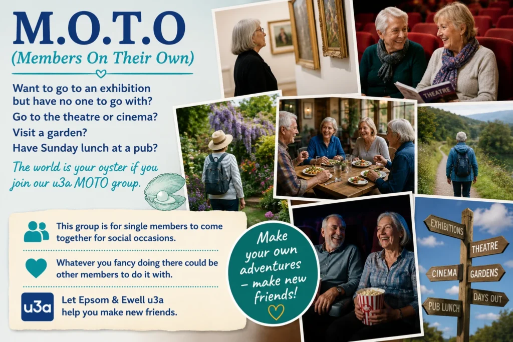 Promotional poster for the Epsom & Ewell u3a M.O.T.O. (Members On Their Own) group, helping members who are on their own meet new friends and enjoy theatre trips, exhibitions, gardens, Sunday lunches, walks and other social activities together.
