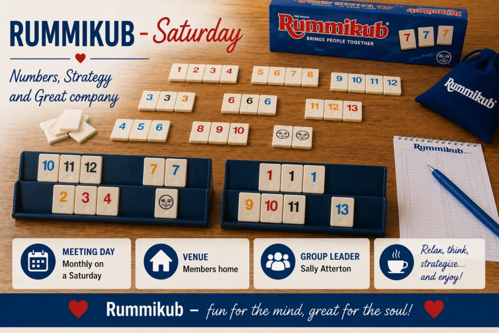 Epsom & Ewell u3a Saturday Rummikub group poster featuring monthly games of Rummikub with meeting details, strategy, social interaction and a welcoming atmosphere for all members.