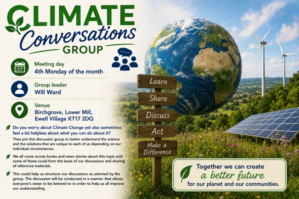 Poster for Climate Conversations Group 2, showing the Earth, renewable energy and a signpost with the words learn, share, discuss and act.

