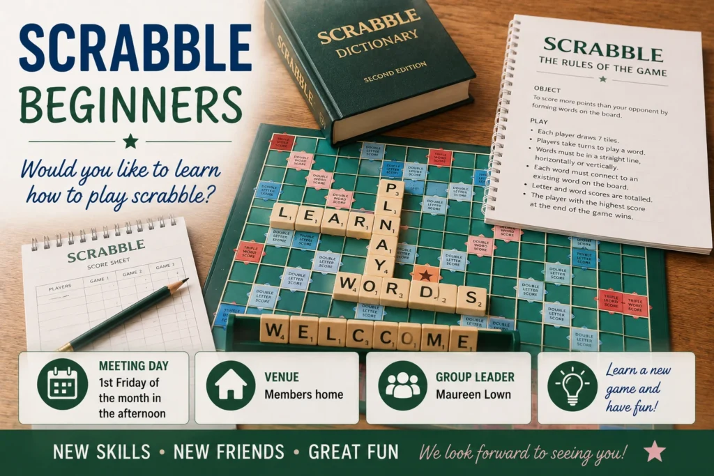Epsom & Ewell u3a Scrabble Beginners group poster inviting new players to learn Scrabble in a friendly and supportive environment, with meeting details and group leader information.