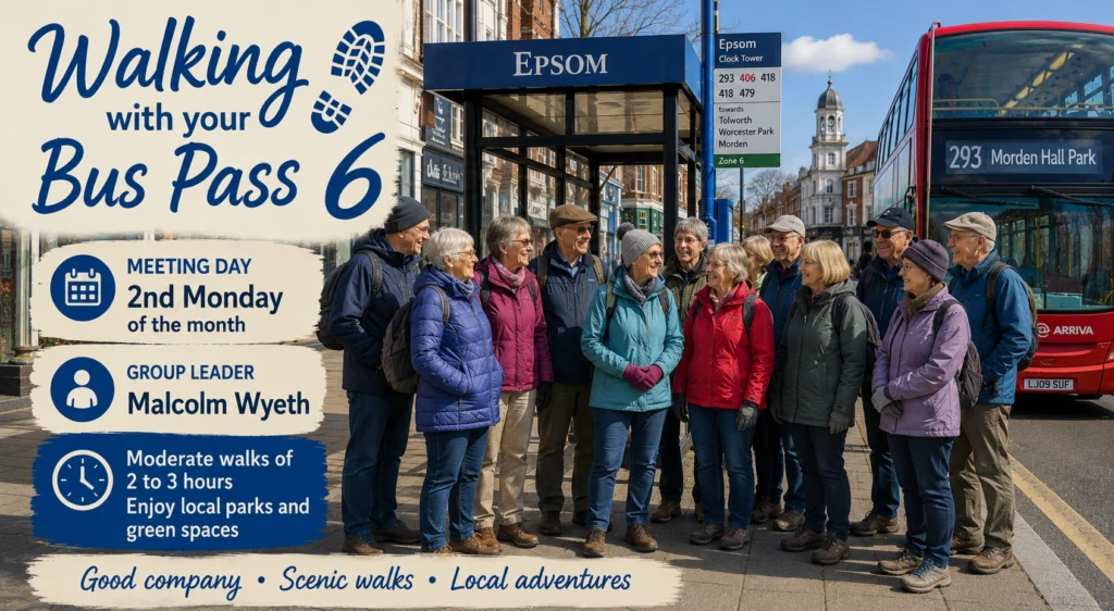 Epsom & Ewell u3a Walking with Your Bus Pass 6 group poster showing members travelling by local bus before enjoying moderate social walks through parks and green spaces around Surrey.