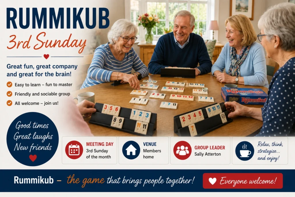 Epsom & Ewell u3a Rummikub 3rd Sunday group poster showing members enjoying Rummikub together, with meeting details and an invitation to join a friendly and sociable monthly group.