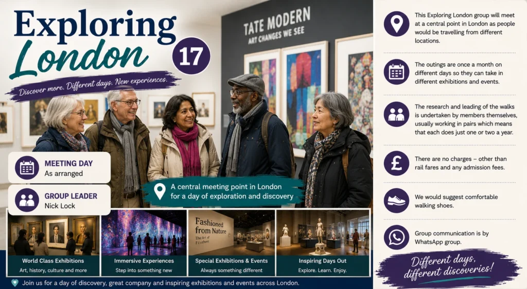 Poster for Exploring London 17, showing members at Tate Modern and information about exhibitions and cultural visits.
