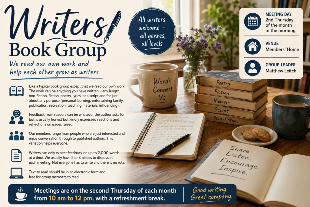 Epsom & Ewell u3a Writers Book Group poster showing notebooks, books and refreshments, promoting a friendly writing group where members share their own work and receive constructive feedback.