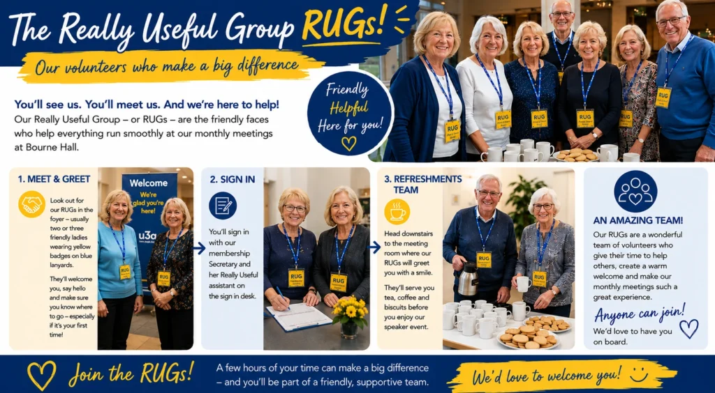 Epsom & Ewell u3a Really Useful Group (RUGs) volunteer team poster explaining how members welcome visitors, manage sign-in and serve refreshments at monthly meetings, with an invitation for new volunteers to join.
