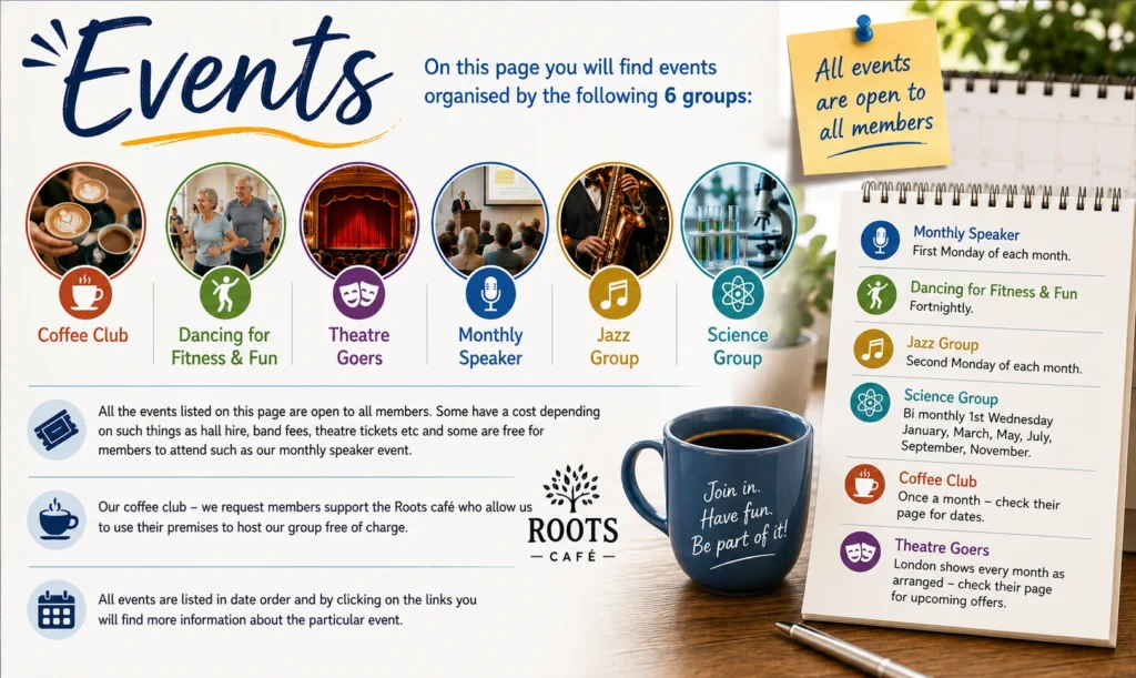 Epsom & Ewell u3a Events page introducing member activities including Coffee Club, Dancing for Fitness and Fun, Theatre Goers, Monthly Speaker events, Jazz Group and Science Group, with a calendar of regular meeting dates.