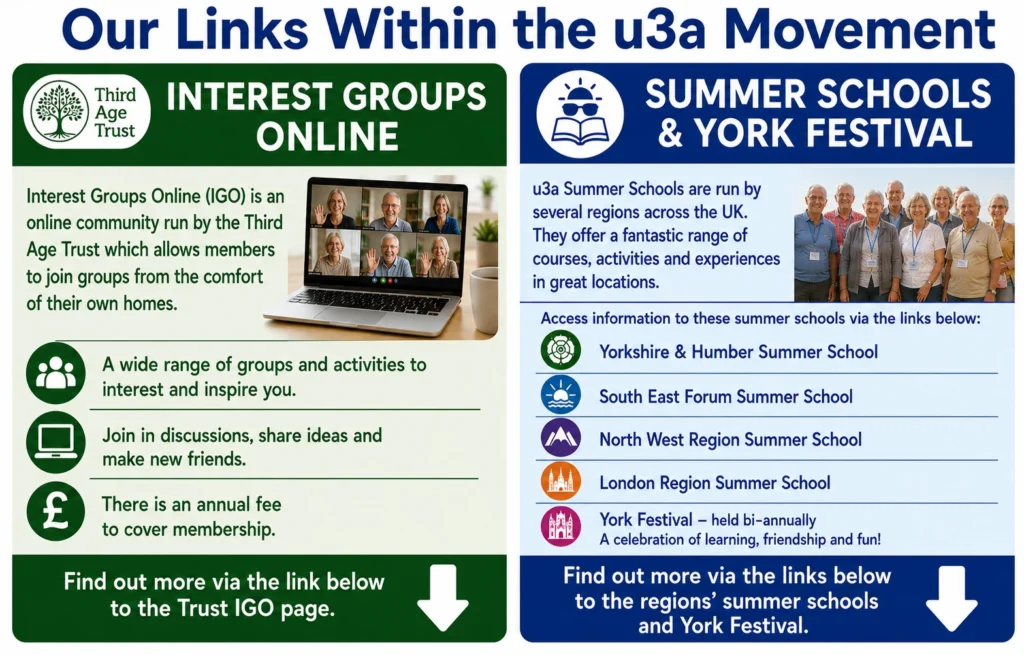 Epsom & Ewell u3a information panels promoting Third Age Trust Interest Groups Online, UK regional Summer Schools and York Festival, highlighting online learning, social activities, and educational events available to u3a members.