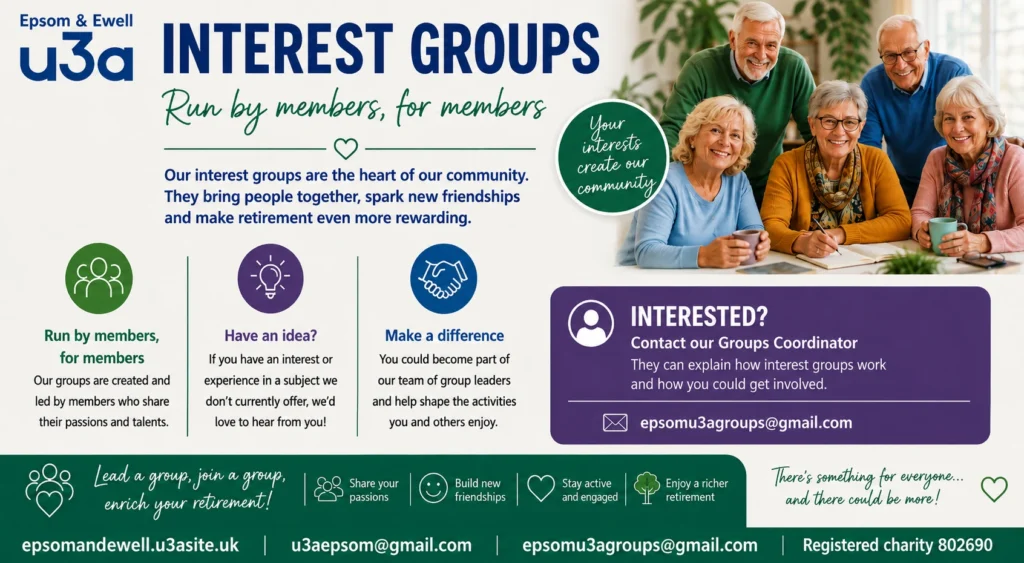 Epsom & Ewell u3a Interest Groups page explaining that groups are run by members for members, encouraging new group ideas, volunteering as group leaders, and joining over 140 community-based learning and social activities.