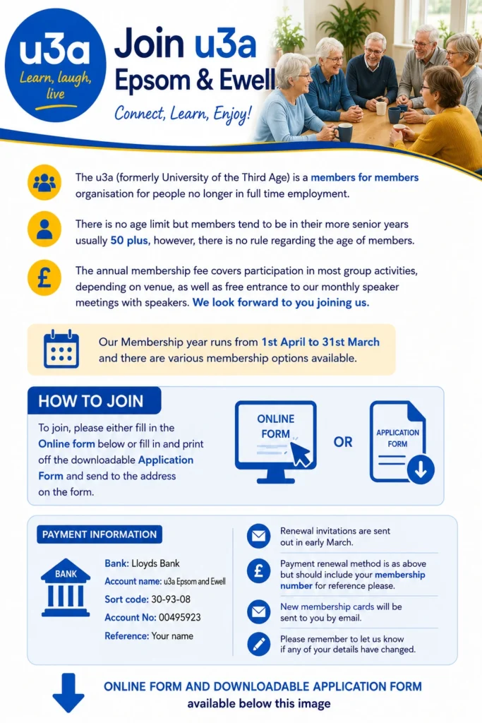 Join Epsom & Ewell u3a membership information outlining eligibility, annual membership benefits, how to apply online or by form, payment details, renewal information, and opportunities to connect, learn and enjoy retirement.
